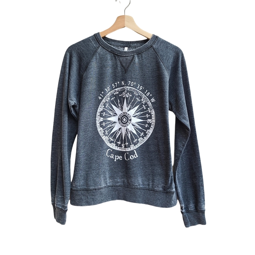 Distressed Cape Cod Sweatshirt Heathered Dark Grey Compass Oversized Medium